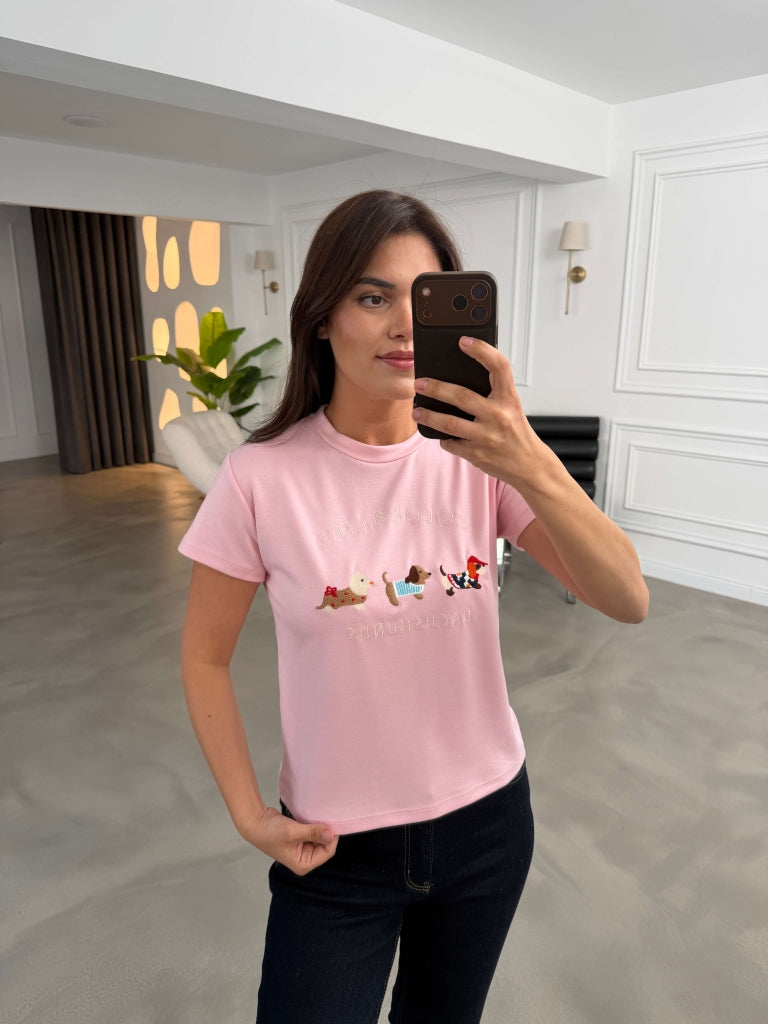 Pembe Figür Nakışlı Tshirt 6997-Pembe