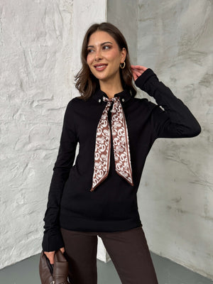 Siyah Polo Yaka Fularlı Massi Model Kazak R0097-Siyah