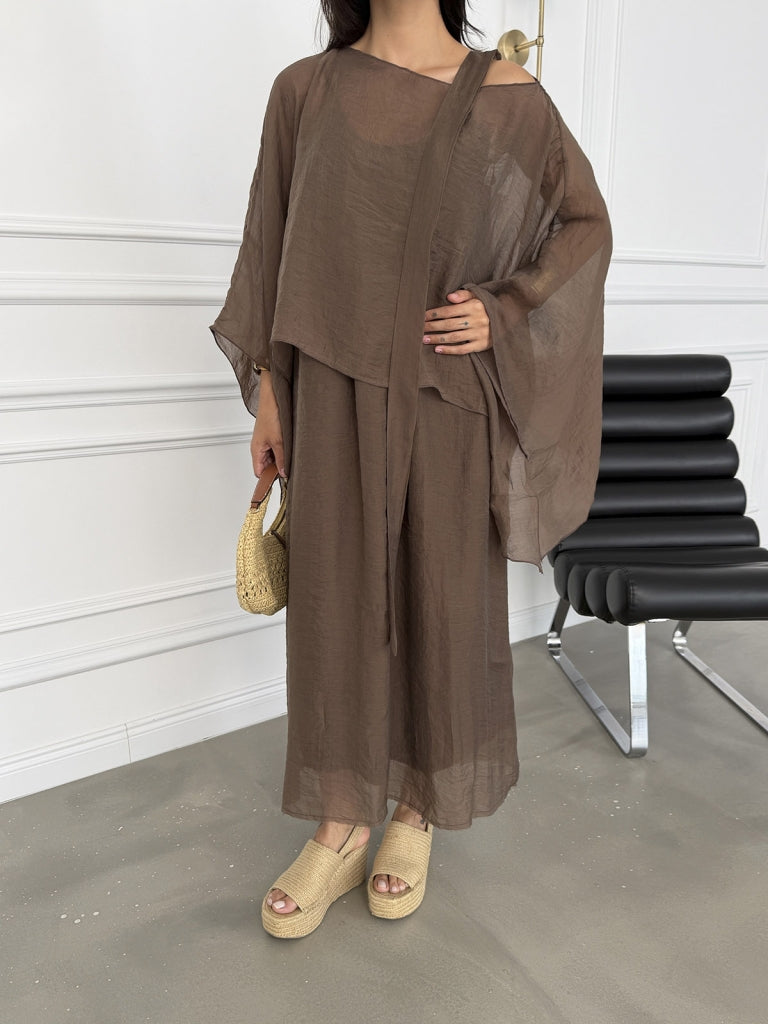 Kahve Tencel Pelerin Bluzlu Elbise 51361-Kahve