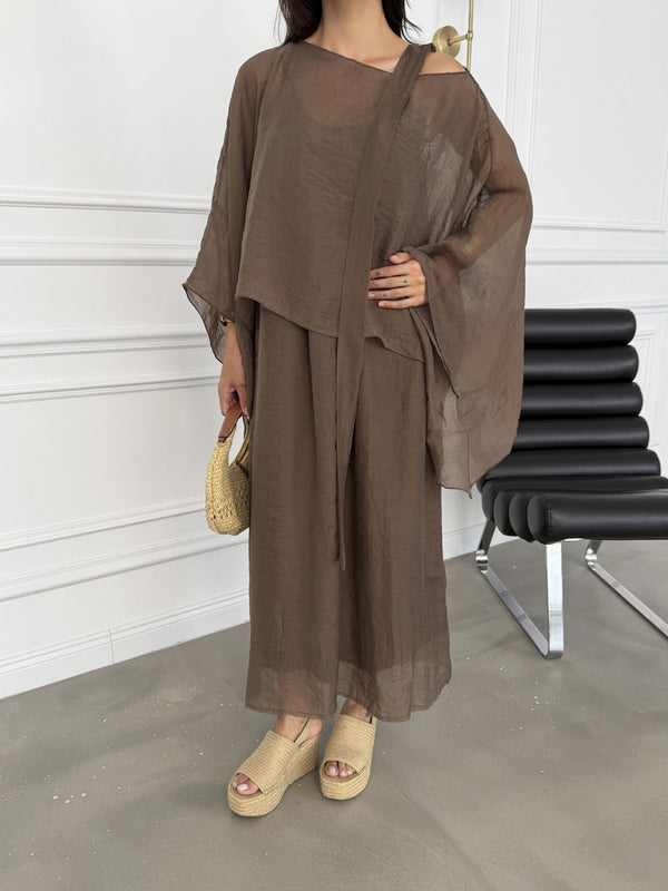 Kahve Tencel Pelerin Bluzlu Elbise 51361-Kahve
