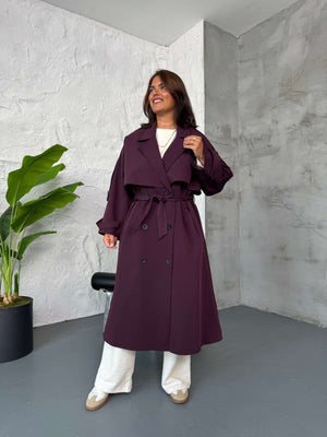 Mürdüm Kruvaze Detaylı Oversize Trençkot