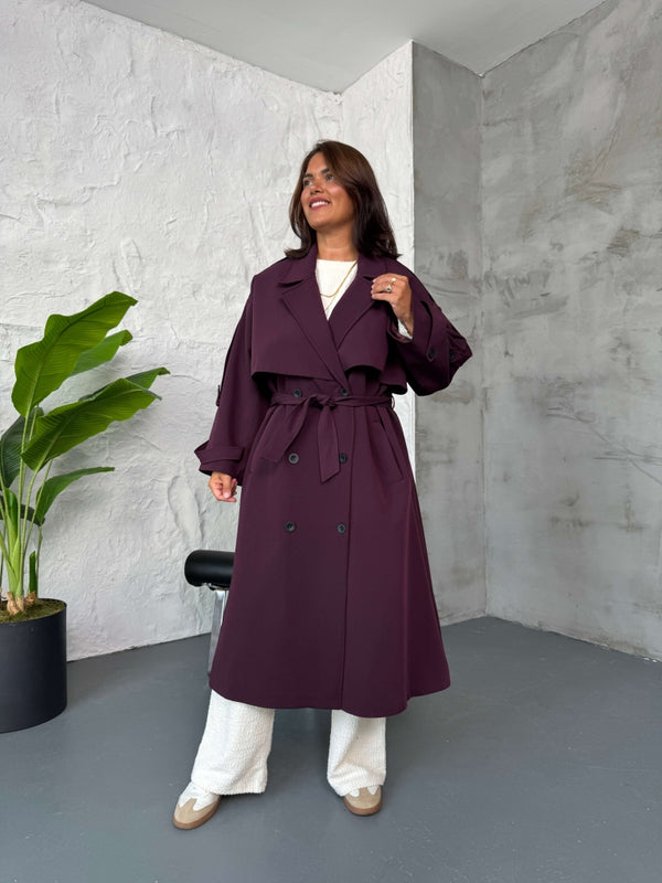 Mürdüm Kruvaze Detaylı Oversize Trençkot