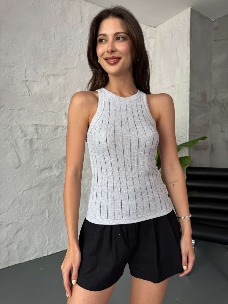 Gri Zr Model Halter Yaka Taşlı Atlet