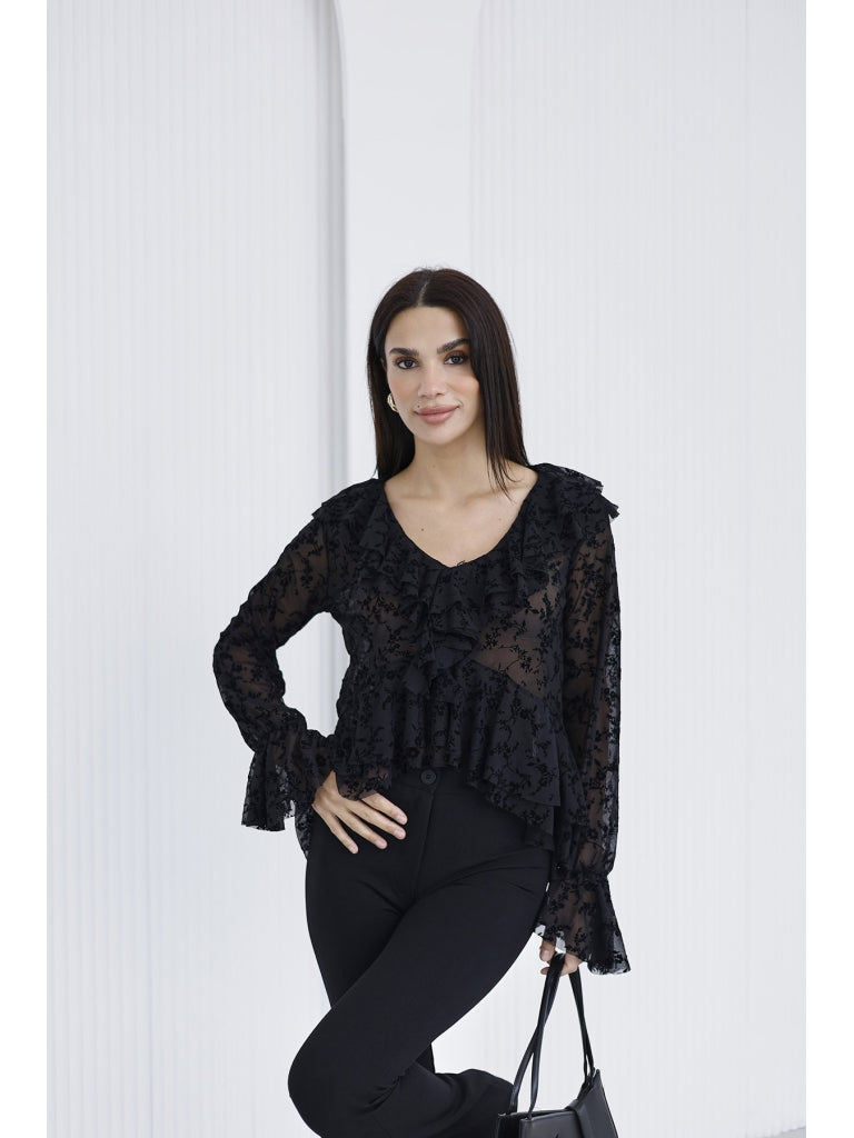 Siyah Çiçekli Fırfırlı Tül Bluz 1110-Siyah