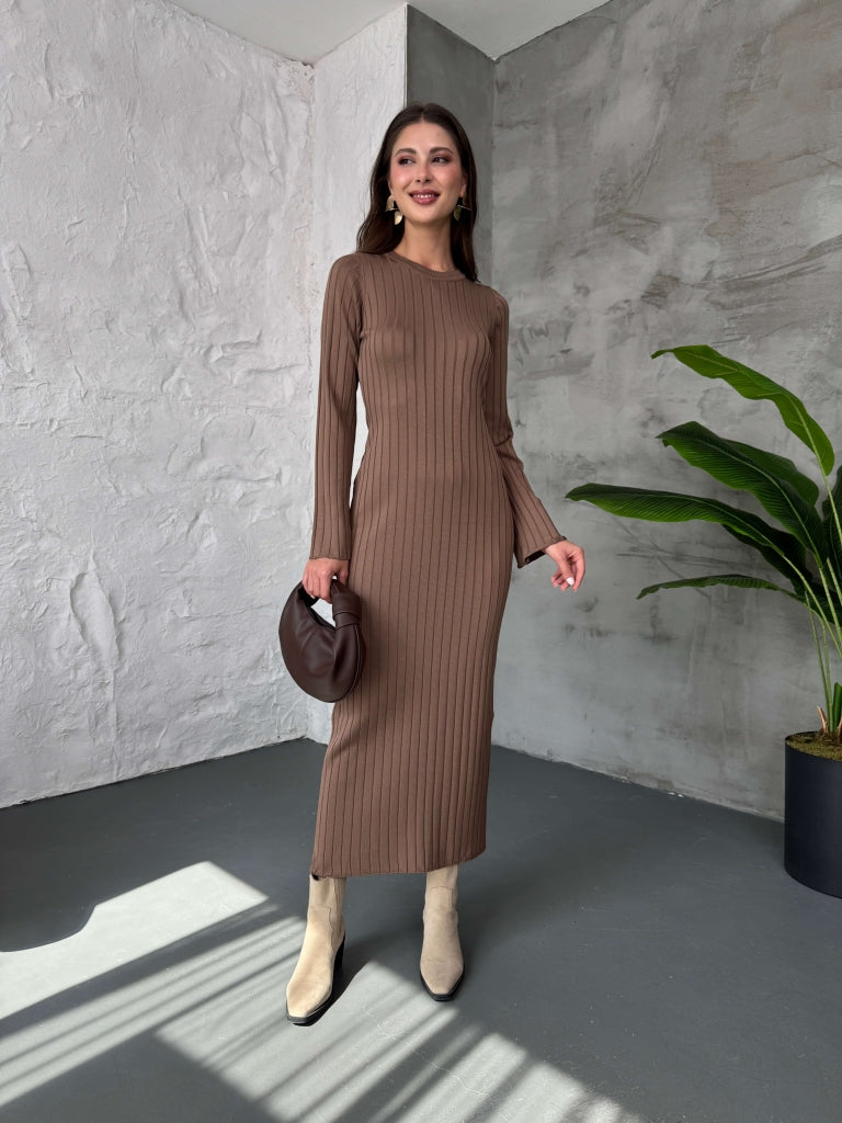 Kahve Massi Model Merserize Triko Elbise