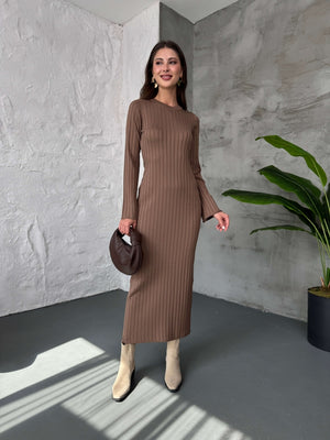Kahve Massi Model Merserize Triko Elbise