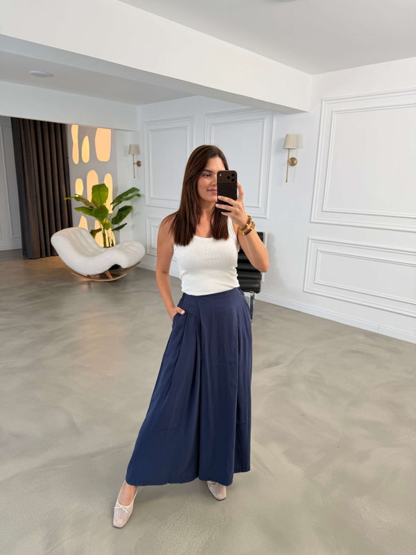Lacivert Beli Pilili Tencel Pantolon 51204-Lacivert