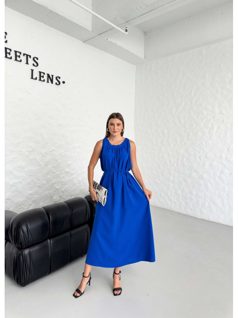 Saks Yakası Büzgülü Elbise 1402-Saks