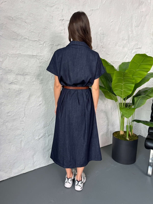 Mavi Boydan Düğmeli İnce Denim Elbise