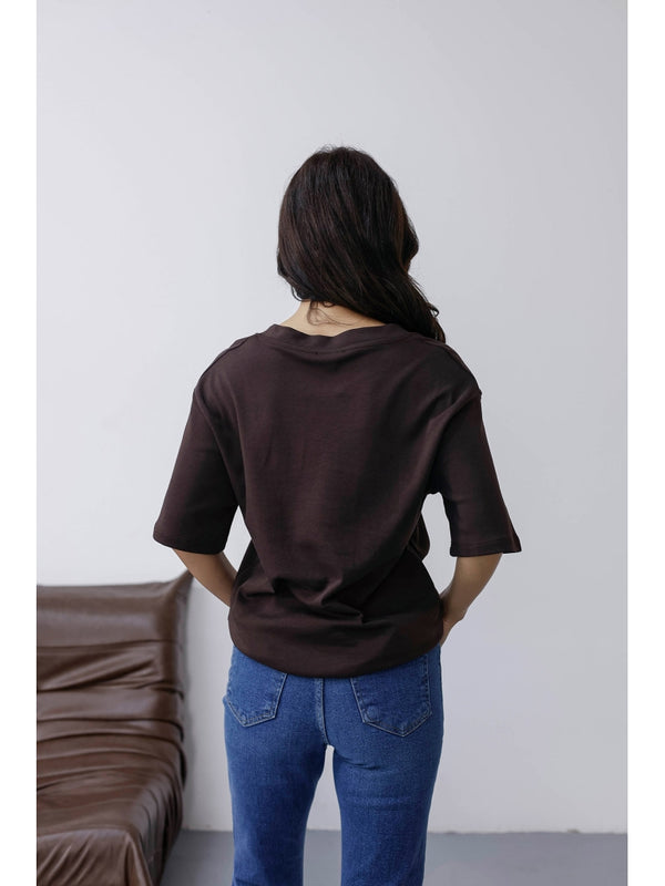 Kahverengi Orj Marka V Yaka Tshirt 6598-Kahverengi