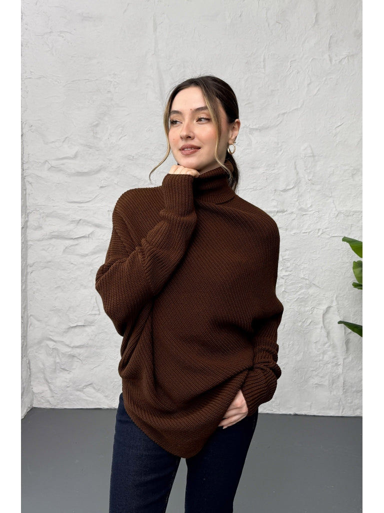 Kahverengi Boğazlı Triko Panço 2574-Kahverengi