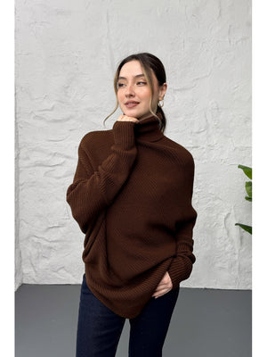 Kahverengi Boğazlı Triko Panço 2574-Kahverengi