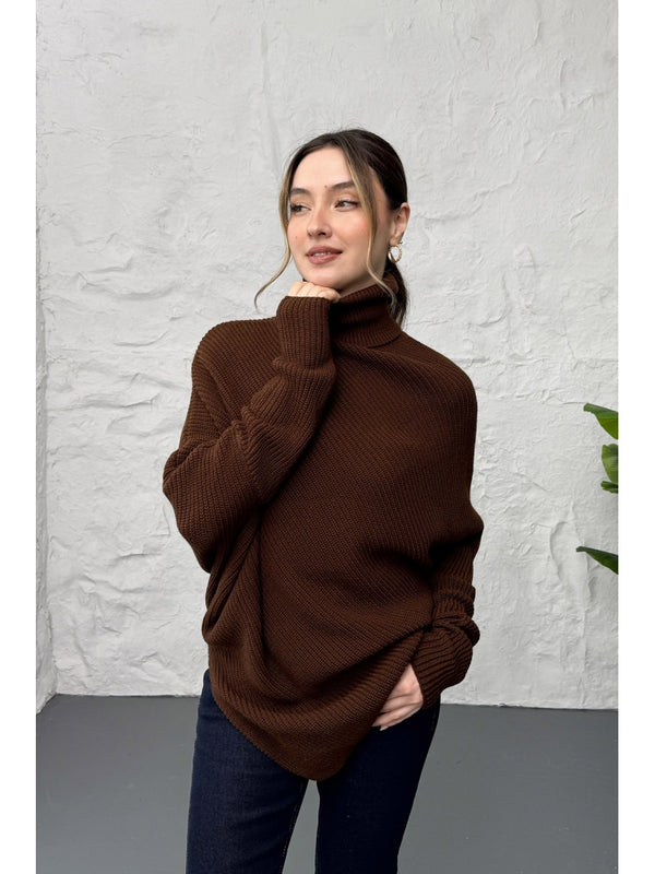 Kahverengi Boğazlı Triko Panço 2574-Kahverengi