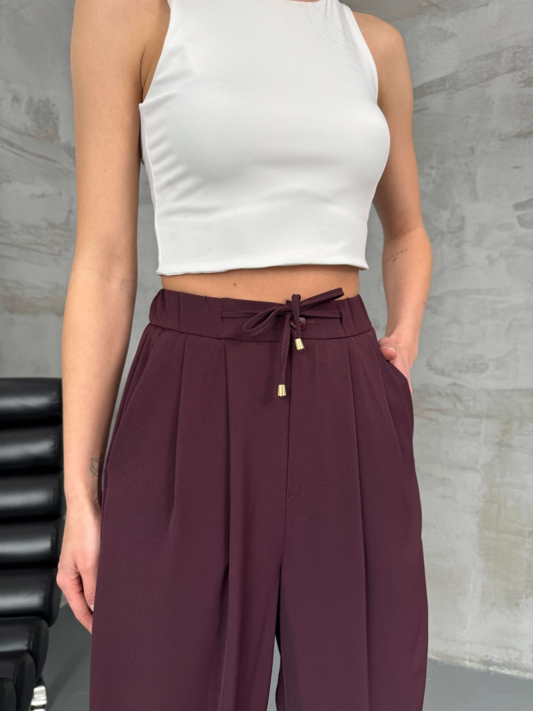 Mürdüm Beli İp Detaylı Pileli Pantolon