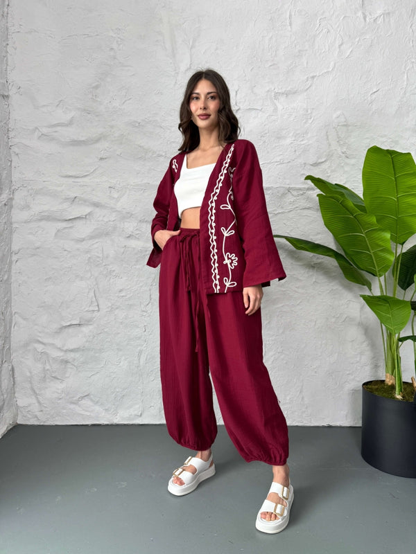 Bordo Nakışlı Müslin Kimono