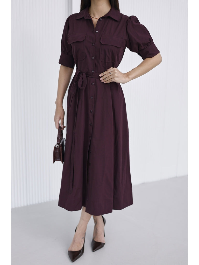 Mürdüm Balon Kol Gömlek Elbise EY-0045-MÜRDÜM