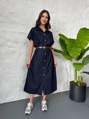 Mavi Boydan Düğmeli İnce Denim Elbise