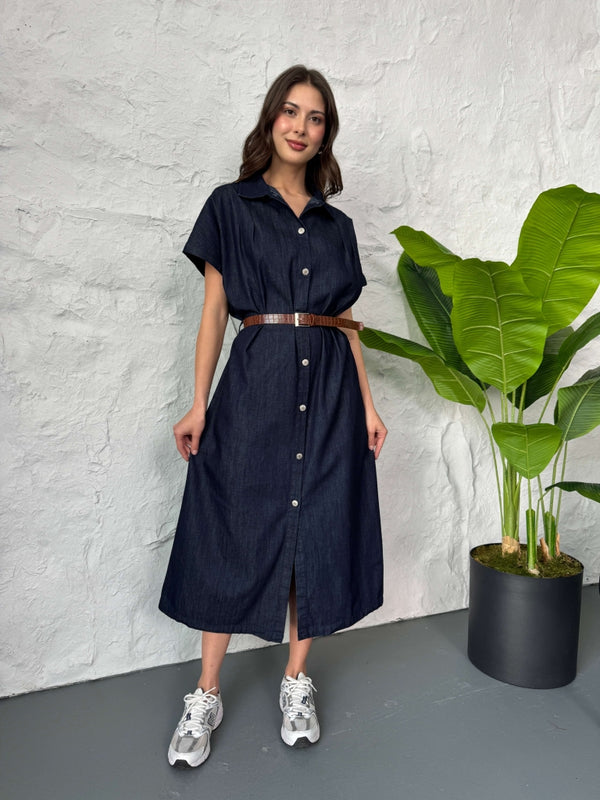 Mavi Boydan Düğmeli İnce Denim Elbise