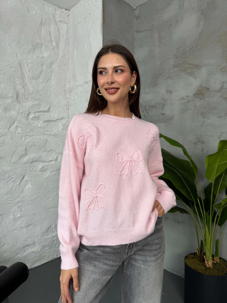 Pembe Fiyonk Detaylı Triko Kazak