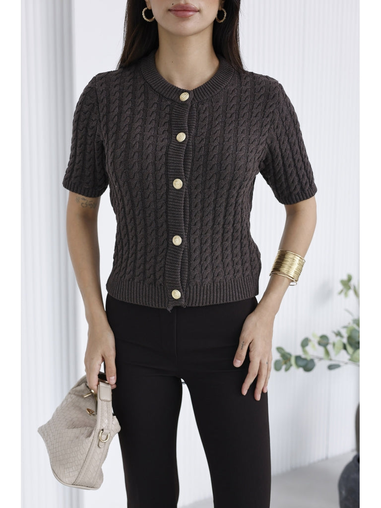 Kahverengi Saç Örgülü Kısa Kollu Hırka 2590-Kahverengi