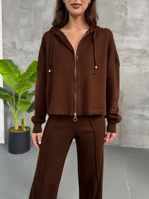 Kahverengi Kapşanlu Çift Fermuarlı Takım 0091-KAHVERENGİ