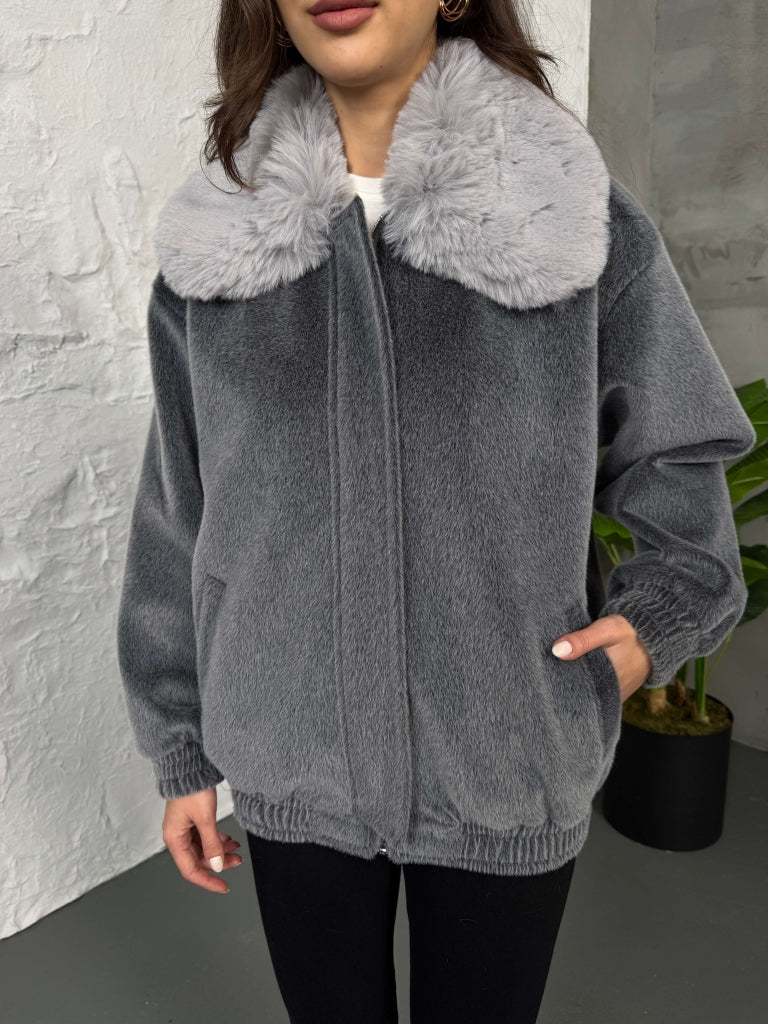 Premium Gri İthal Kumaş Kürk Mont 70099-Gri