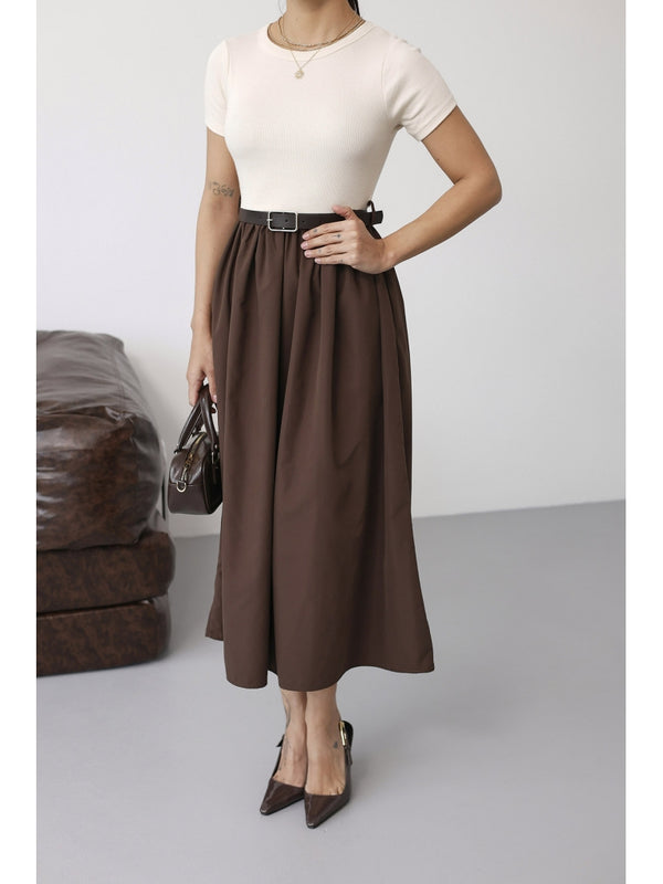 Kahve Kemerli Maxi Kısa Kollu Elbise 2017-Kahve