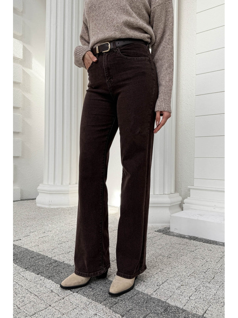 Kahverengi Yüksek Bel Straight Paça Kemerli Jean 700-Kahverengi