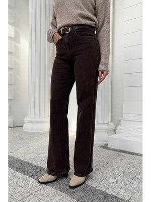Kahverengi Yüksek Bel Straight Paça Kemerli Jean 700-Kahverengi