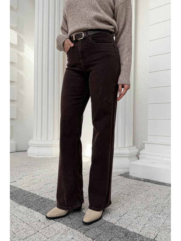 Kahverengi Yüksek Bel Straight Paça Kemerli Jean 700-Kahverengi