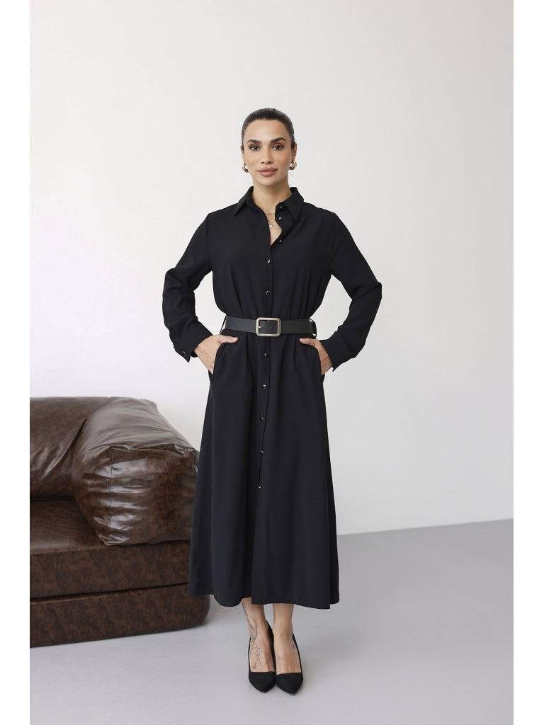 Siyah Maxi Boydan Düğmeli Kemerli Elbise 8185-Siyah