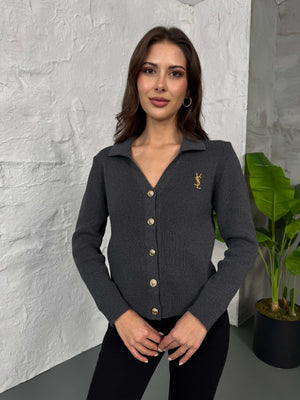 Antrasit Gold Düğmeli Polo Yaka Hırka EM-001-Antrasit