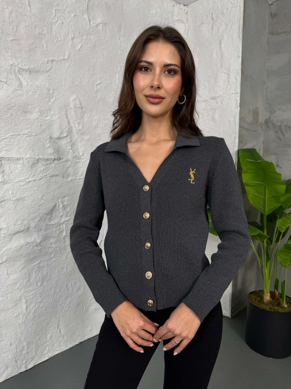 Antrasit Gold Düğmeli Polo Yaka Hırka EM-001-Antrasit