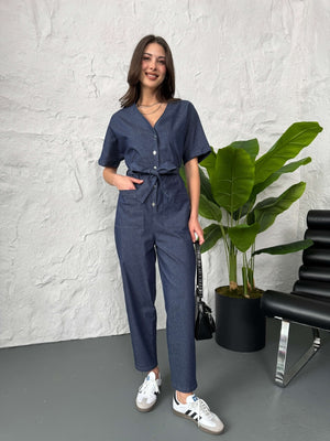 İnce Denim Bel Lastikli Tulum