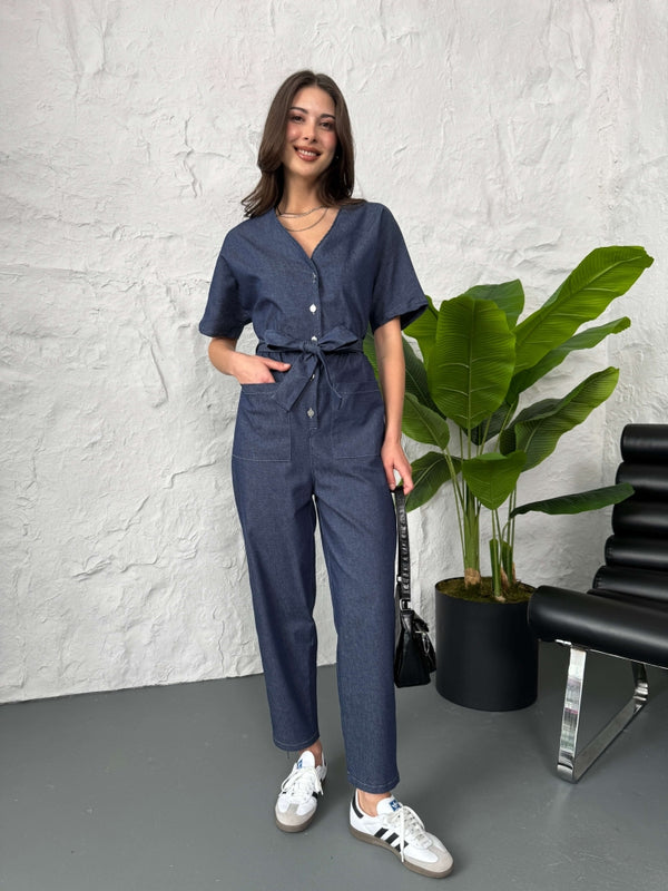 İnce Denim Bel Lastikli Tulum