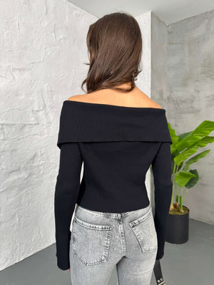 Siyah Madonna Yaka Çift Yön Fermuarlı Bluz 2545-Siyah