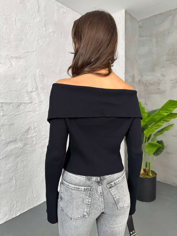 Siyah Madonna Yaka Çift Yön Fermuarlı Bluz 2545-Siyah