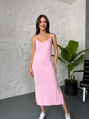 Pembe İp Askılı Yırtmaçlı Modal Basic Elbise