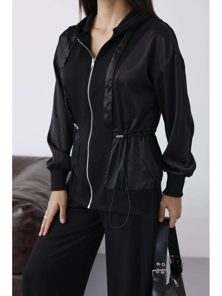 Siyah Saten Detaylı Bel Bağcıklı Takım 4108-Siyah