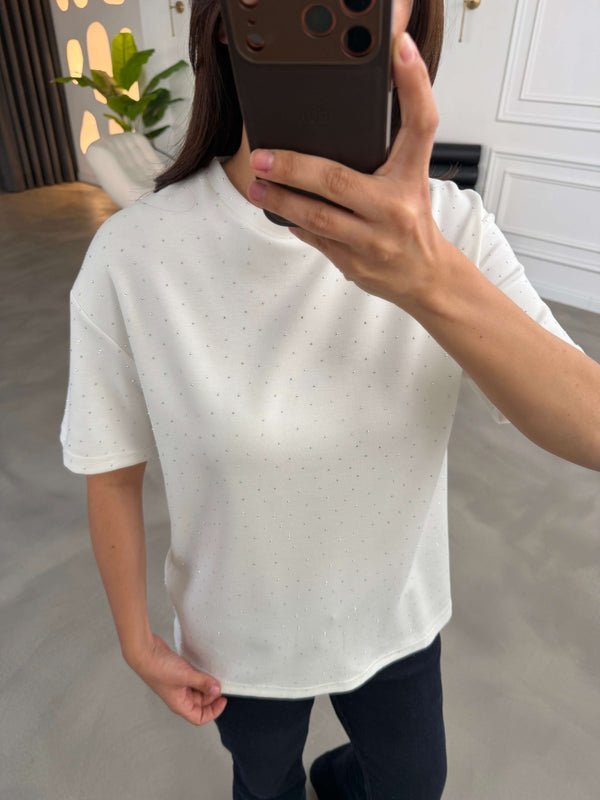 Beyaz Taş Baskılı Tshirt 4236-Beyaz