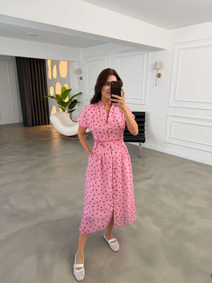 Pembe Puantiyeli Beli Pilili Elbise 3083-Pembe