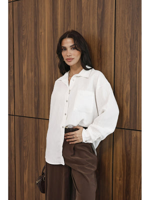 Beyaz Fitilli Oversize Gömlek 5000-Beyaz