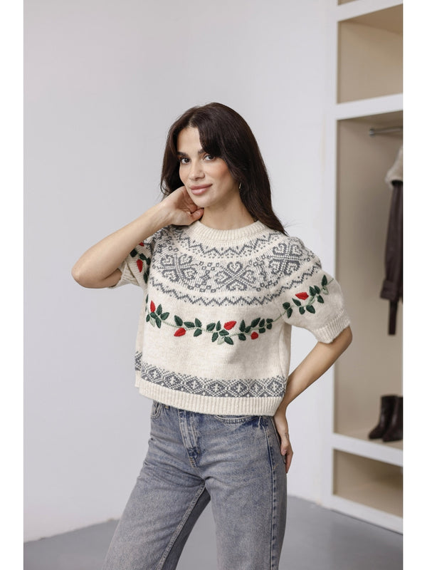 Ekru Nakış İşlemeli Triko Kazak 2616-Ekru