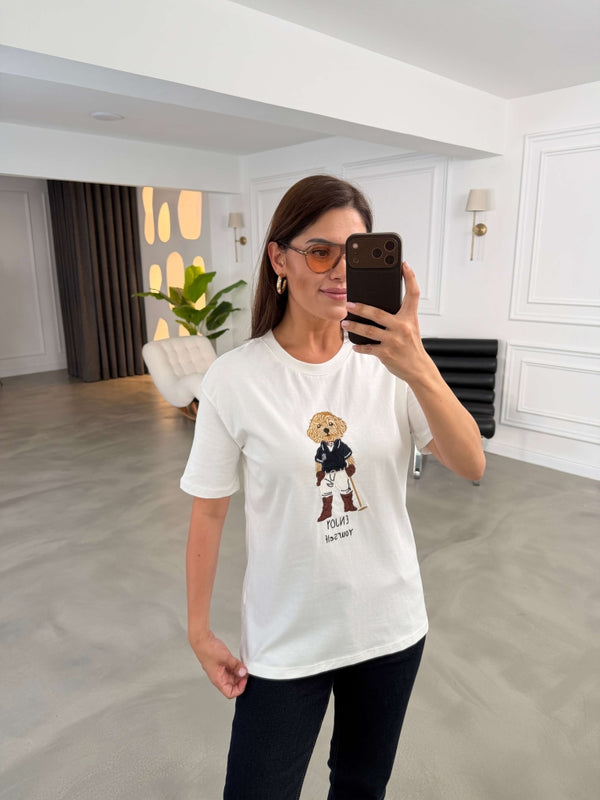 Beyaz Hayvan Nakışlı Tshirt 11825-Beyaz