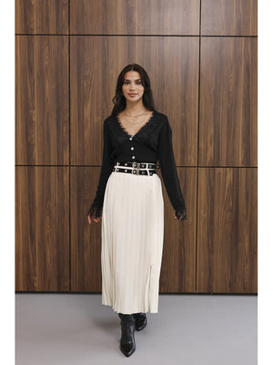 Krem Çift Kemerli Piliseli Etek 8122-Krem