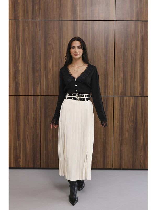 Krem Çift Kemerli Piliseli Etek 8122-Krem