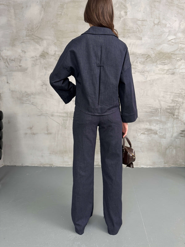 Lacivert Geniş Kol Denim Takım