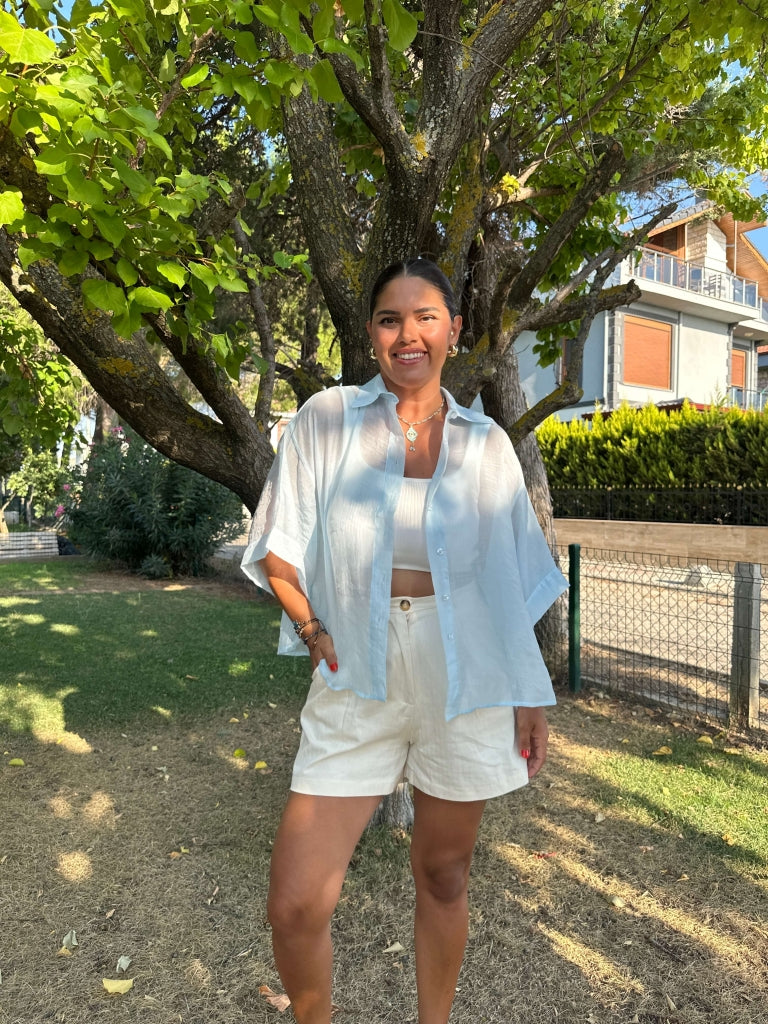 Açık Mavi Transparan Kısa Kolu Oversize Gömlek 4927-AÇIK MAVİ