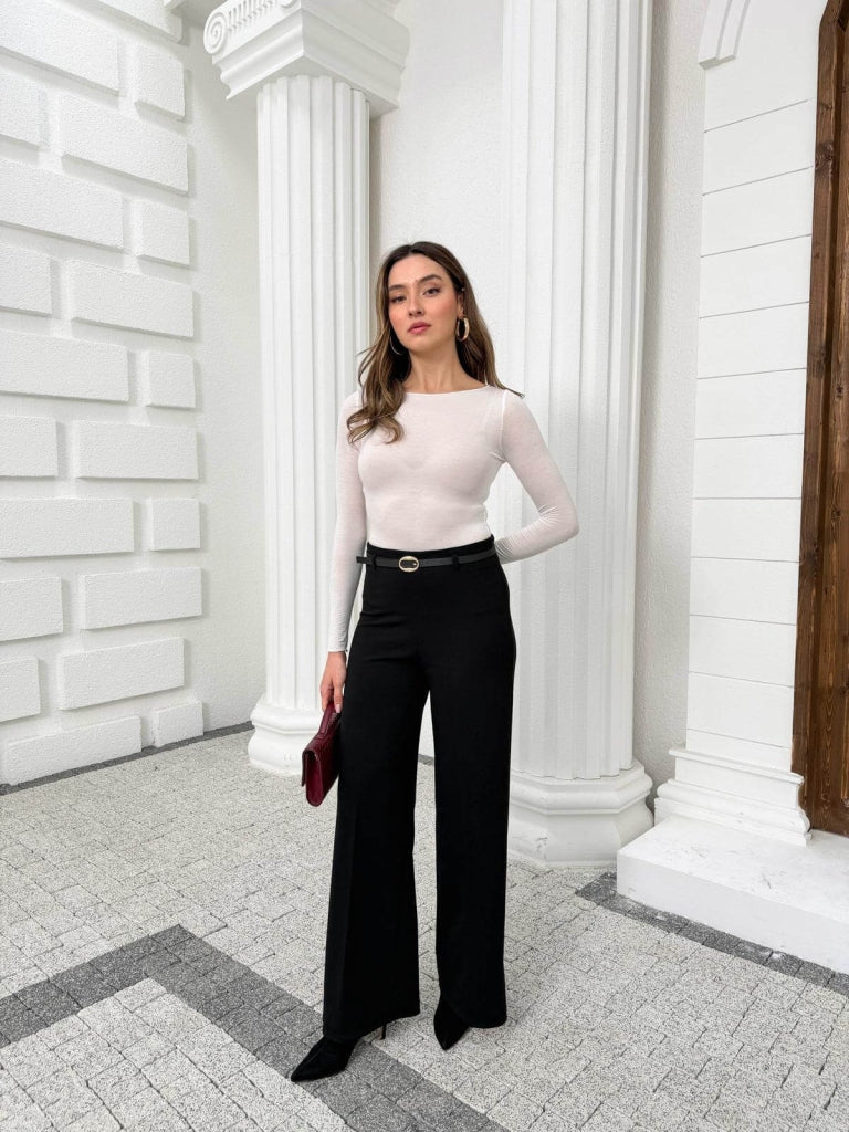 Siyah İnce Kemerli Bol Paça Pantolon 9150-Siyah