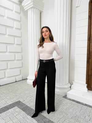 Siyah İnce Kemerli Bol Paça Pantolon 9150-Siyah